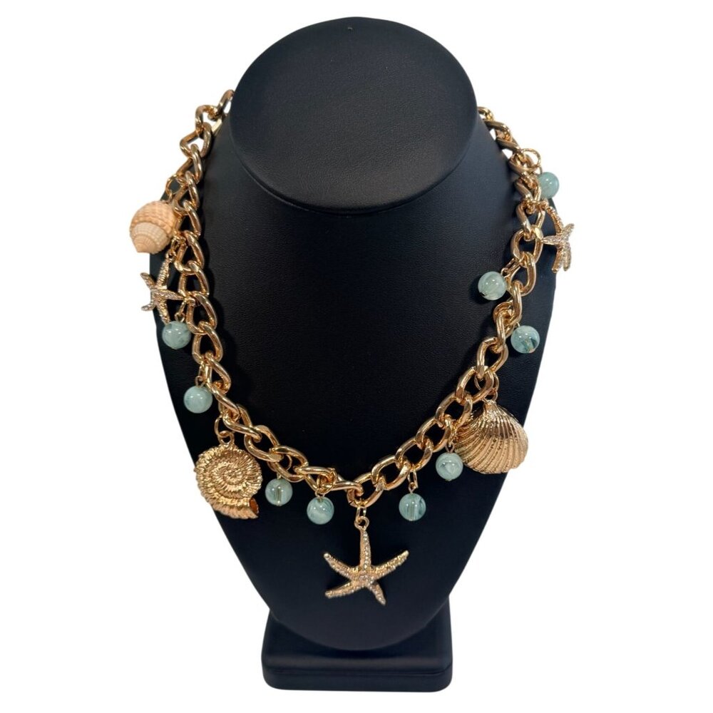Gold Tone Mermaid Seashell Starfish Chunky Chain Charm Necklace With Aqua Beads